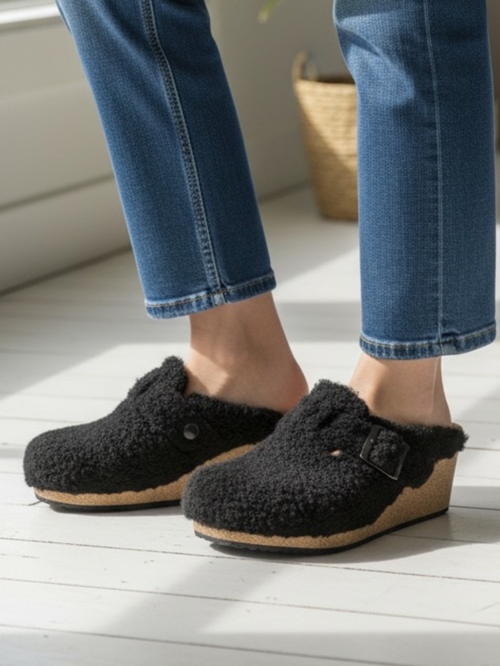 BIRKENSTOCK Shearling Papillio Fanny Black Teddy Cowhide Slip On Wedge Clogs